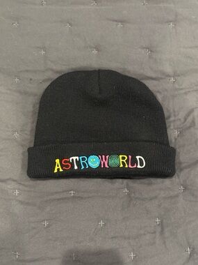Astroworld Black Beanie Hat with Multicolor Embroidered Logo